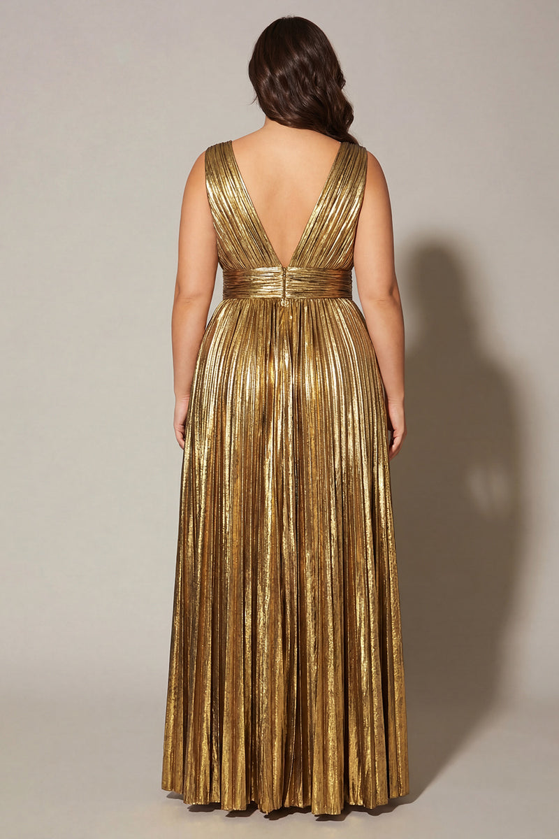 Load image into Gallery viewer, Sparkly Metallic Gold A-Line Pleated V-Neck Long Formal Dress