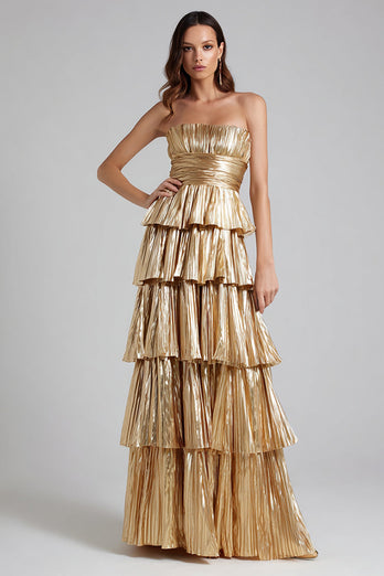 Sparkly Gold A-Line Metallic Pleated Tiered Long Formal Dress