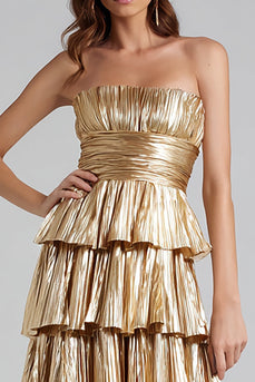 Sparkly Gold A-Line Metallic Pleated Tiered Long Formal Dress