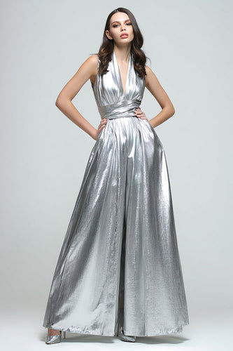 Sparkly Silver Metallic Ruched A-Line V-Neck Long Formal Dress