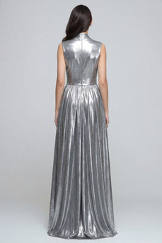 Sparkly Silver Metallic Ruched A-Line V-Neck Long Formal Dress