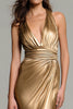Load image into Gallery viewer, Sparkly Gold Metallic Deep V-Neck Ruched Long Formal Dress