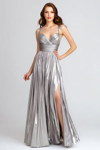 Sparkly Silver Metallic A-Line Pleated Long Formal Dress with Slit