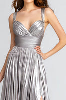 Load image into Gallery viewer, Sparkly Silver Metallic A-Line Pleated Long Formal Dress with Slit