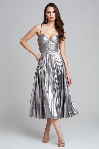 Sparkly Silver Metallic A Line Spaghetti Straps Pleated Long Formal Dress
