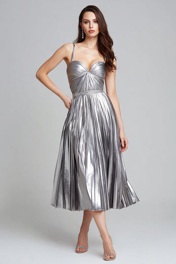 Sparkly Silver Metallic A Line Spaghetti Straps Pleated Long Formal Dress