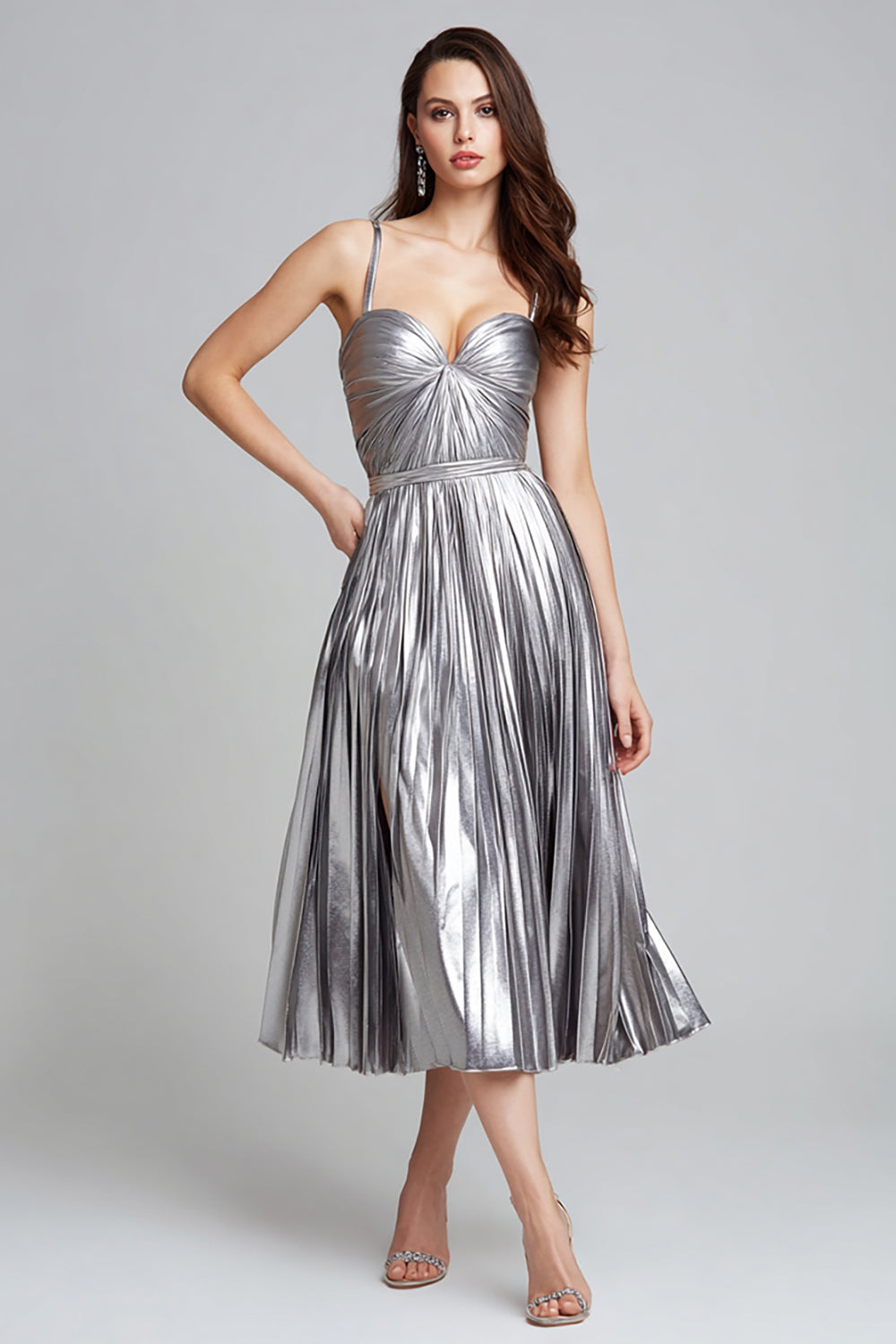 Sparkly Silver Metallic A Line Spaghetti Straps Pleated Long Formal Dress