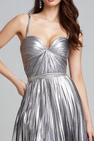 Load image into Gallery viewer, Sparkly Silver Metallic A Line Spaghetti Straps Pleated Long Formal Dress
