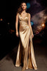 Load image into Gallery viewer, Sparkly Gold Satin Mermaid V-Neck Ruched Long Formal Dress with Slit