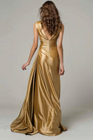 Load image into Gallery viewer, Sparkly Gold Metallic Mermaid V-Neck Ruched Long Formal Dress