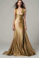 Load image into Gallery viewer, Sparkly Gold Metallic Mermaid V-Neck Ruched Long Formal Dress