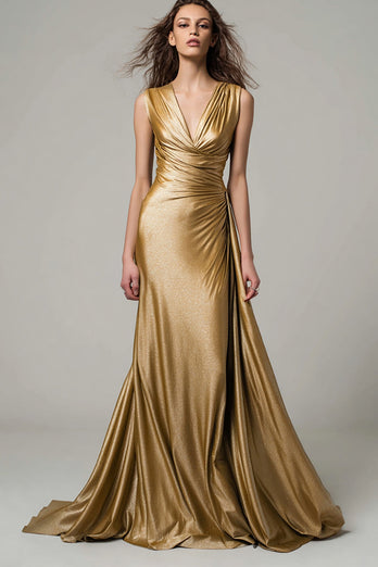 Sparkly Gold Metallic Mermaid V-Neck Ruched Long Formal Dress