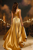 Load image into Gallery viewer, Sparkly Gold Satin Mermaid V-Neck Long Formal Dress with Cape