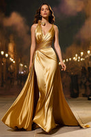 Load image into Gallery viewer, Sparkly Gold Satin Mermaid V-Neck Long Formal Dress with Cape