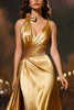 Load image into Gallery viewer, Sparkly Gold Satin Mermaid V-Neck Long Formal Dress with Cape