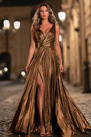 Load image into Gallery viewer, Sparkly Gold Metallic V-Neck A-Line Pleated Long Formal Dress with Slit