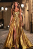 Load image into Gallery viewer, Sparkly Gold Metallic V-Neck A-Line Pleated Long Formal Dress with Slit