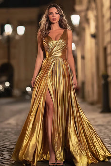 Sparkly Royal Blue Metallic V-Neck A-Line Pleated Long Formal Dress with Slit