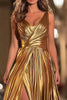 Load image into Gallery viewer, Sparkly Gold Metallic V-Neck A-Line Pleated Long Formal Dress with Slit