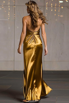 Sparkly Gold Metallic Ruched Halter Long Formal Dress with Slit