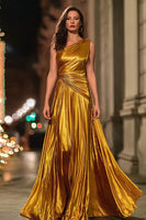 Load image into Gallery viewer, Sparkly Gold A Line Metallic Ruched One Shoulder Long Formal Dress