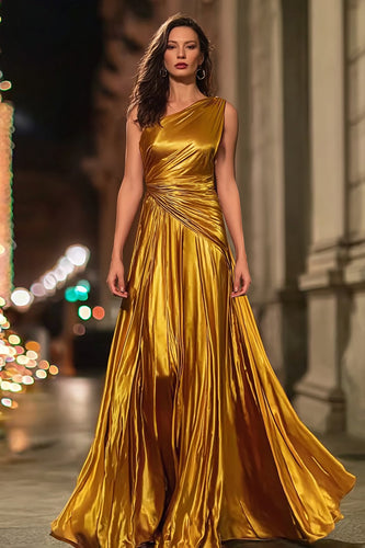 Sparkly Gold A Line Metallic Ruched One Shoulder Long Formal Dress
