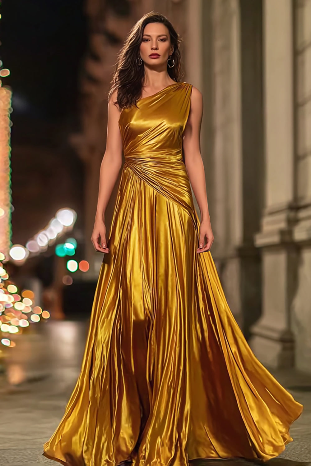 Sparkly Gold A Line Metallic Ruched One Shoulder Long Formal Dress