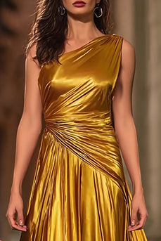 Sparkly Gold A Line Metallic Ruched One Shoulder Long Formal Dress