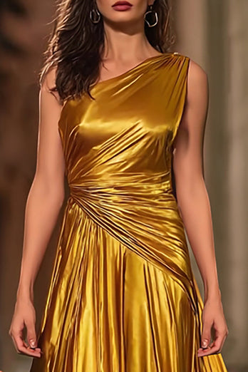 Sparkly Gold A Line Metallic Ruched One Shoulder Long Formal Dress