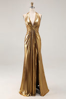 Load image into Gallery viewer, Sparkly Metallic Gold Halter Sheath Ruched Long Formal Dress with Slit
