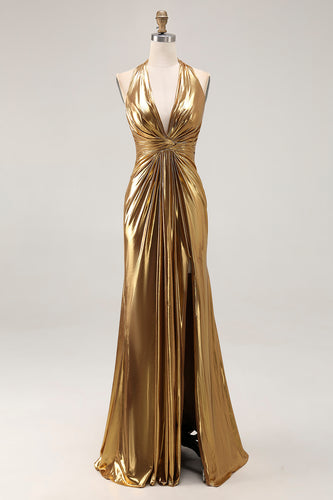 Sparkly Metallic Gold Halter Sheath Ruched Long Formal Dress with Slit
