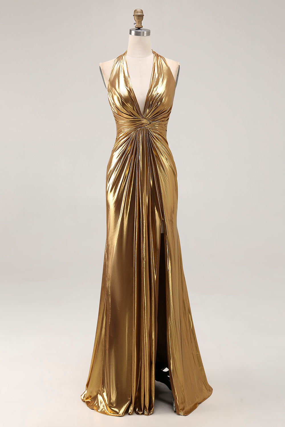 Sparkly Metallic Gold Halter Sheath Ruched Long Formal Dress with Slit