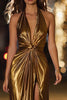 Load image into Gallery viewer, Sparkly Gold Halter Sheath Metallic Ruched Long Formal Dress with Slit
