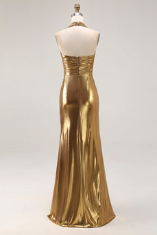 Sparkly Metallic Gold Halter Sheath Ruched Long Formal Dress with Slit