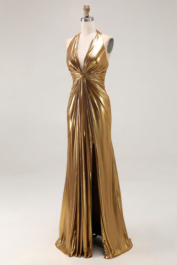 Sparkly Metallic Gold Halter Sheath Ruched Long Formal Dress with Slit