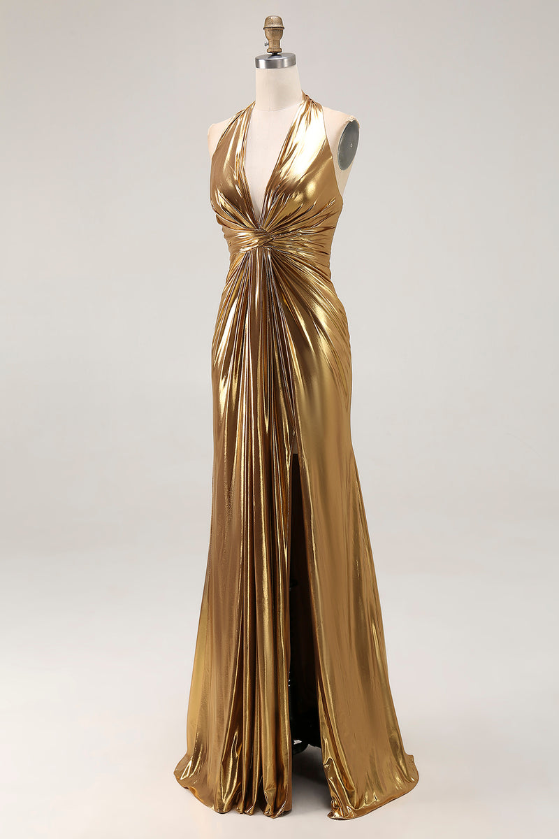 Load image into Gallery viewer, Sparkly Metallic Gold Halter Sheath Ruched Long Formal Dress with Slit