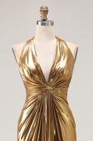 Load image into Gallery viewer, Sparkly Metallic Gold Halter Sheath Ruched Long Formal Dress with Slit