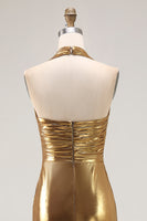 Load image into Gallery viewer, Sparkly Metallic Gold Halter Sheath Ruched Long Formal Dress with Slit