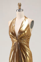 Load image into Gallery viewer, Sparkly Metallic Gold Halter Sheath Ruched Long Formal Dress with Slit