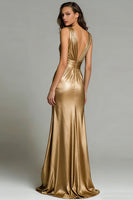 Load image into Gallery viewer, Sparkly Gold Mermaid Metallic Deep V-Neck Long Formal Dress