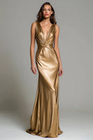 Load image into Gallery viewer, Sparkly Gold Mermaid Metallic Deep V-Neck Long Formal Dress