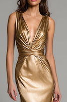 Load image into Gallery viewer, Sparkly Gold Mermaid Metallic Deep V-Neck Long Formal Dress