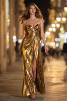 Load image into Gallery viewer, Sparkly Gold Metallic Sheath Sweetheart Long Formal Dress with Slit