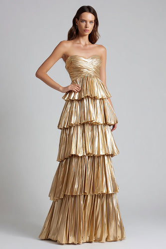 Sparkly Gold Metallic Pleated Tiered Sweetheart Long Formal Dress