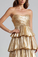 Load image into Gallery viewer, Sparkly Gold Metallic Pleated Tiered Sweetheart Long Formal Dress