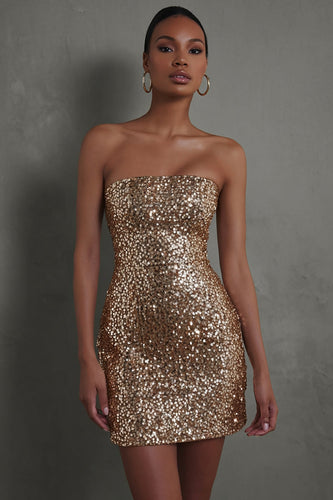Sparkly Gold Sequins Tight Strapless Short Cocktail Dress