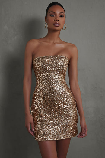 Sparkly Gold Sequins Tight Strapless Short Cocktail Dress