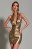 Load image into Gallery viewer, Sparkly Gold Metallic Ruched Halter Tight Short Cocktail Dress