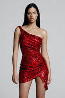 Load image into Gallery viewer, Sparkly Red Sequins Tight One Shoulder Asymmetrical Short Cocktail Dress
