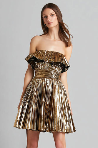 Sparkly Gold Metallic A-Line Pleated Strapless Short Cocktail Dress